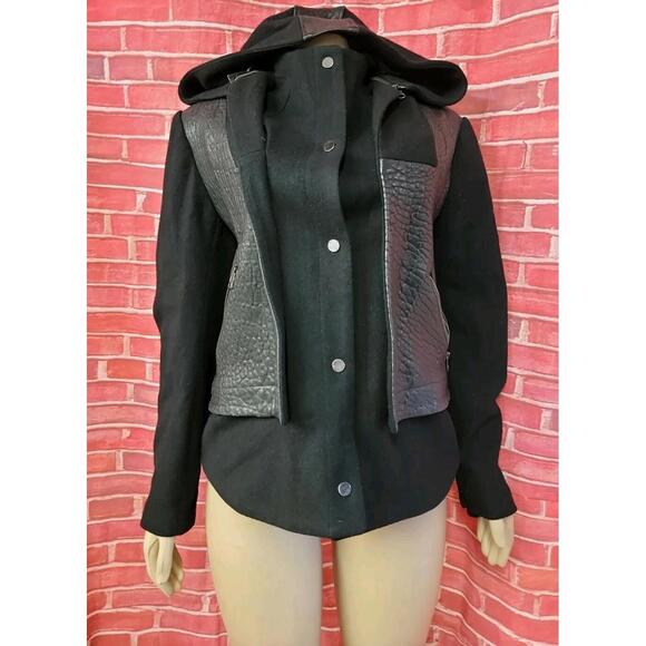 LAMB By Gwen Stefani RARE Black Leather Wool Sz 8 Hooded Womens Coat Jacket #CB2 - Picture 5 of 10